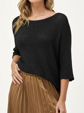 Made in Italy Black Metallic Open Knit Sweater Top L Boho Euro Chic